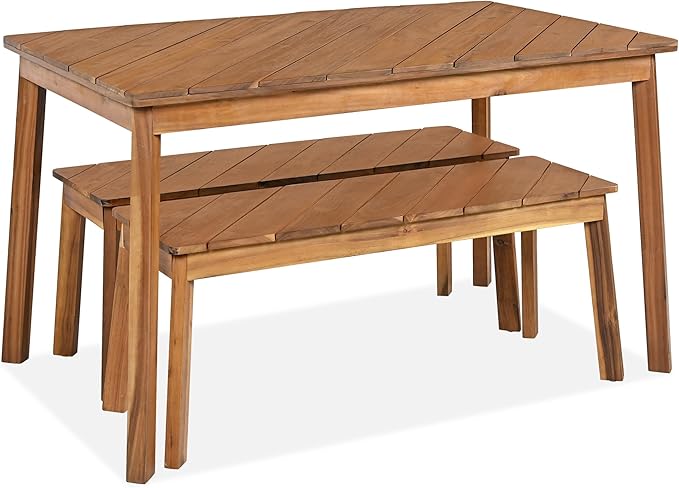 3 Pieces Acacia Wood Table with 2 Benches Dining Set Outdoor Indoor Furniture, Picnic Beer for Patio, Porch, Garden, Poolside - Natural
