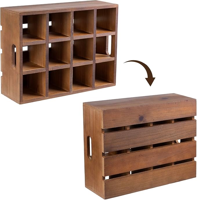 MyGift Rustic Brown Wood Bottle Storage Crate - Wooden Beer Holder Box, Bottled Beverage Serving Caddy with Carrying Handles, 12 Individual Slots