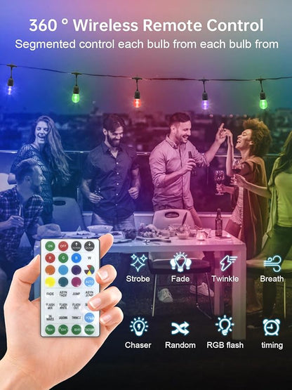Commercial Grade 48FT LED Outdoor String Lights with Remote Control - 15 Shatterproof Bulbs Waterproof Color Changing Christmas Lights, Dimmable for Patio, Garden, Wedding Decor