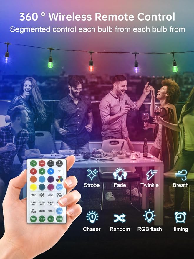 96FT Outdoor Patio Lights Waterproof Dimmable with Remote, RGB Cafe LED String Light with 30 Shatterproof Bulbs for Bistro Party Christmas, Garden, Wedding Decor