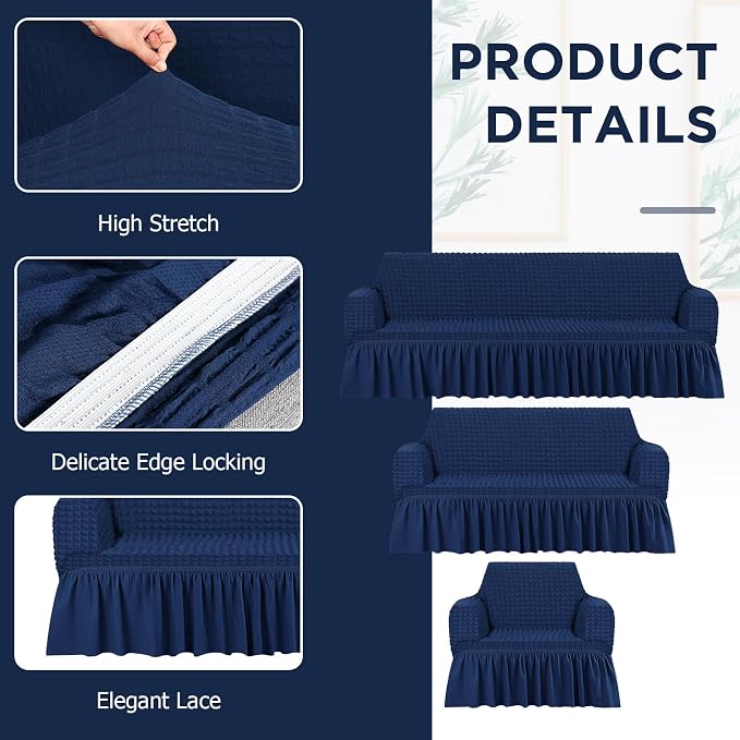 Fanfanwin 3 Pcs Sofa Slipcover Set for Couch Cushion Durable Washable High Elastic Stretchable Furniture Couch Covers with Skirt for Sofa Loveseat Arm Chair(Navy Blue,Seersucker)