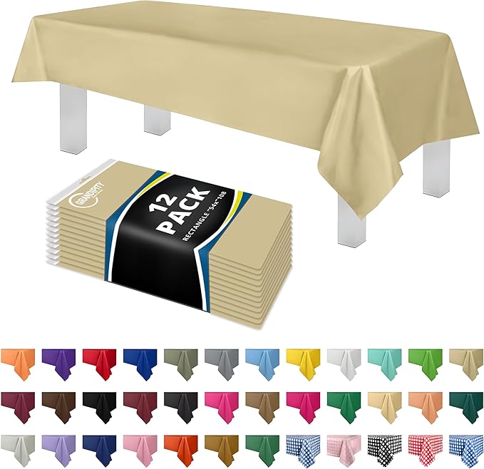 Grandipity 12 Pack Premium Disposable Plastic Tablecloth 54 Inch. x 108 Inch. Decorative Rectangle Table Cover - Beige