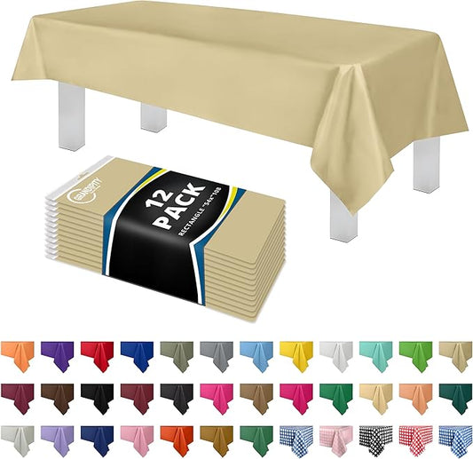 Grandipity 12 Pack Premium Disposable Plastic Tablecloth 54 Inch. x 108 Inch. Decorative Rectangle Table Cover - Beige