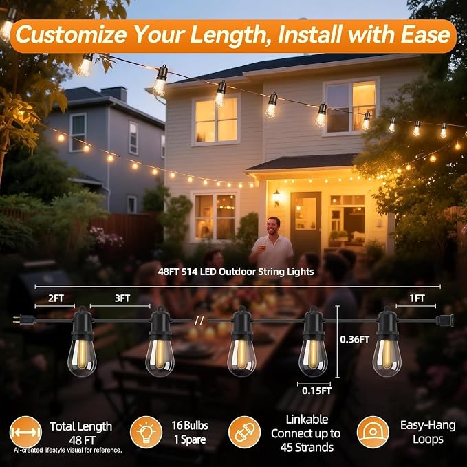 48FT Outdoor String Lights with16+1 Shatterproof LED Bulbs | Hanging Lights for Patio Weatherproof, Warm White, Connectable Lights Plug in for Party, Cafe, Bistro, Camping and Backyards
