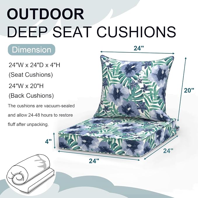DYTXIII Outdoor Deep Seat Cushion Set, Water Repellent 24"x24" Patio Thick Cushions Replacement with Seat & Back Pillow for Patio Sofa, Wicker Chair, Couch - Blue Salmone Tropical