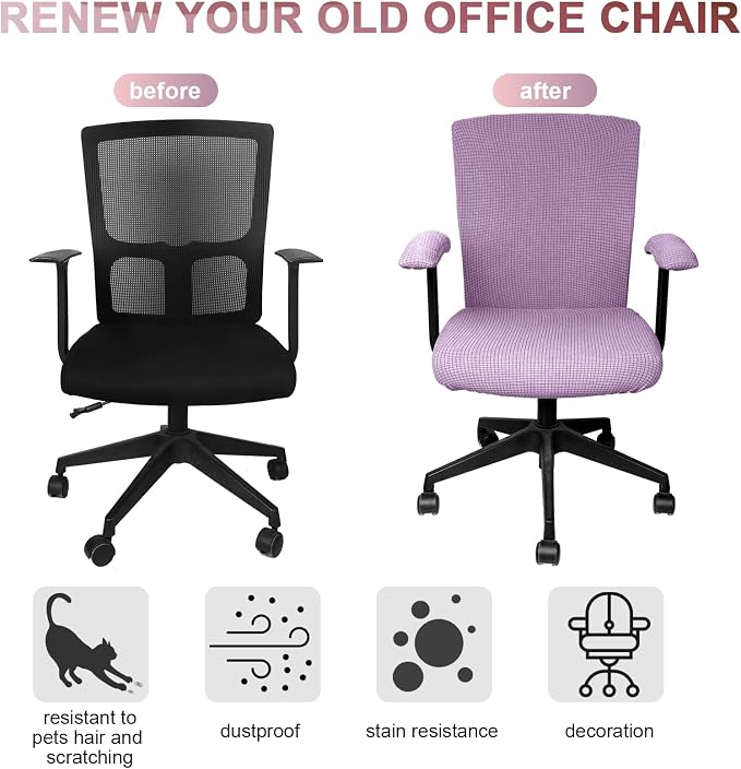 Tallew 4 Pcs Office Chair Covers Stretchable Armrest Seat,XL,Lilac Purple | Universal Fit Office Desk Chairs, Protective Seat Backrest Slipcovers, Stretchable Prevent Wear, Easy Install for Rotating
