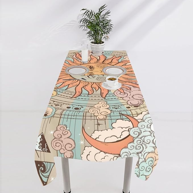 Retro Sun Moon Tablecloth Vintage Mystical Astrology Tarot Zodiac Galaxy Space Table Cloth Water Resistant Wipeable Table Cover for Farmhouse Picnic Party Holiday Kitchen Dinner Table 55"x55"