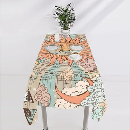 Retro Sun Moon Tablecloth Vintage Mystical Astrology Tarot Zodiac Galaxy Space Table Cloth Water Resistant Wipeable Table Cover for Farmhouse Picnic Party Holiday Kitchen Dinner Table 55"x55"