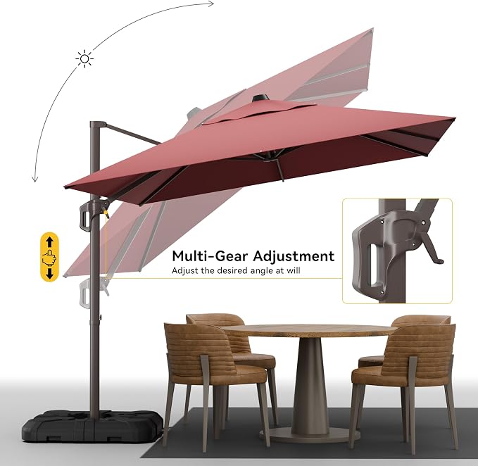 9x12 FT Cantilever Patio Umbrella with Base, Large Rectangular Offset Outdoor Umbrella with 360° Rotation, Heavy Duty Shade Umbrella for Garden Backyard Deck Poolside Courtyard, Red