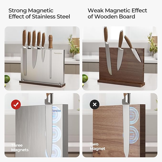 Magnetic Knife Block Without Knives,Stainless Steel Magnetic Knife Holder Rack for Kitchen Counter,Strong Double Sided Magnet Knife Storage Stand with Wood Base