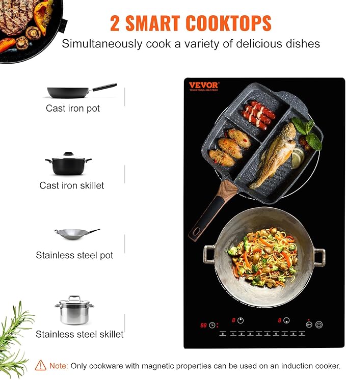 VEVOR Electric Cooktop, 2 Burners, 12'' Induction Stove Top, Built-in Magnetic Cooktop 1800W, 9 Heating Level Multifunctional Burner, LED Touch Screen w/Child Lock & Over-Temperature Protection