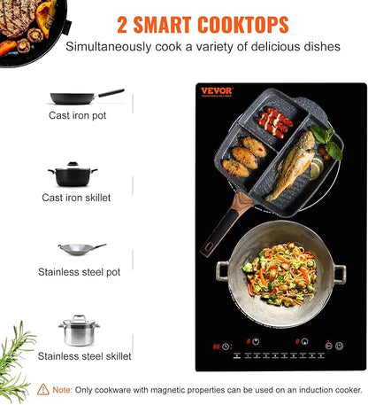 VEVOR Electric Cooktop, 2 Burners, 12'' Induction Stove Top, Built-in Magnetic Cooktop 1800W, 9 Heating Level Multifunctional Burner, LED Touch Screen w/Child Lock & Over-Temperature Protection