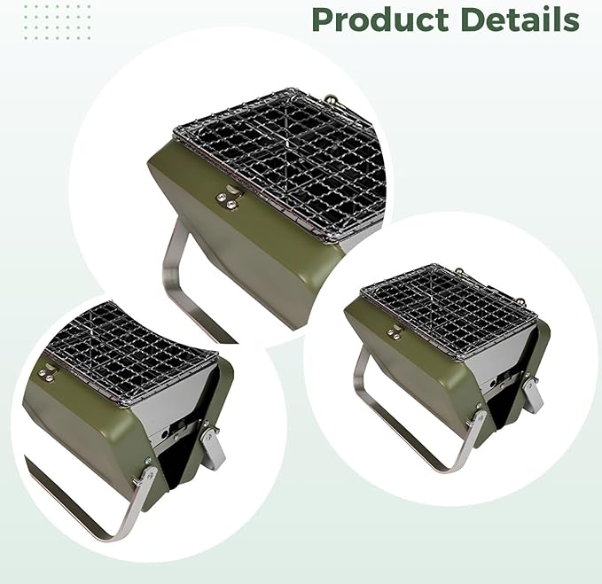 Mini Table Top Charcoal Grill, Portable BBQ Grill with Iron Body and Aluminum Legs, Foldable Suitcase Design, Green Grill for Outdoor Cooking, 1-2 Person Use