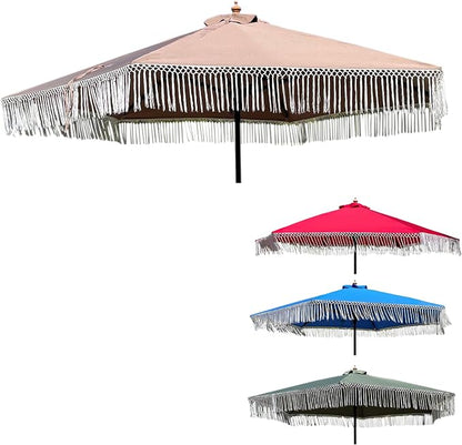 FORMOSA 9ft 6 Rib Market Bohemian Patio Umbrella Replacement Canopy - 300D UV Protective and Water Resistant Patio Canopy - Taupe Tassels