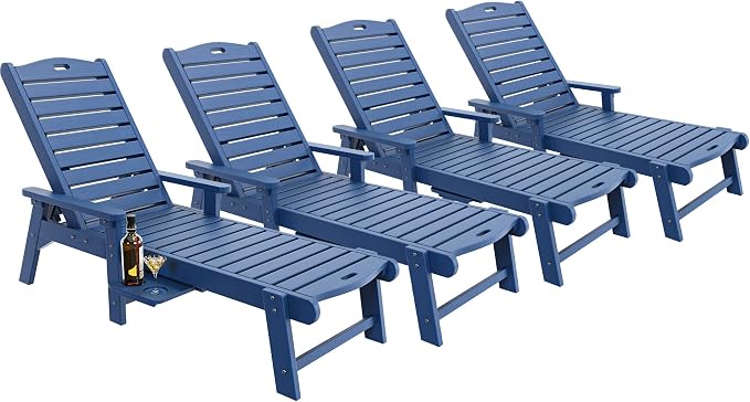 YITAHOME Outdoor Chaise Lounge Chair Set of 4 with Adjustable Backrest, Heavy Duty Resin Patio Lounger with Retractable Tray, 350lbs Capacity Waterproof for Outside Poolside Beach Backyard, Dark Blue