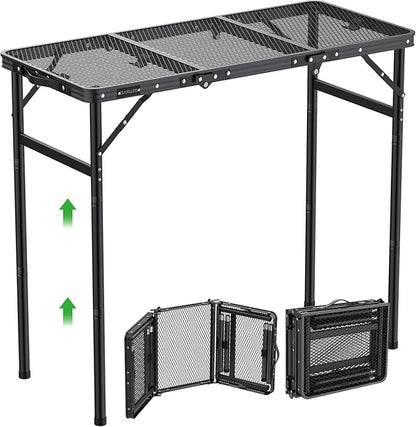 GARLLEN Folding Grill Table, 3-Height Adjustable Lightweight Grill Table with Heat-Resistant Tabletop, Portable Aluminum Camping Table for BBQ, Picnic, Cooking, 35.4" L x 15.7" W, Threaded Install