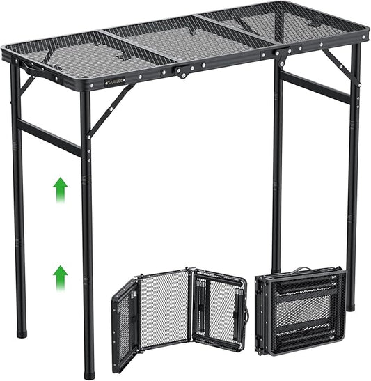 GARLLEN Folding Grill Table, 3-Height Adjustable Lightweight Grill Table with Heat-Resistant Tabletop, Portable Aluminum Camping Table for BBQ, Picnic, Cooking, 35.4" L x 15.7" W, Threaded Install
