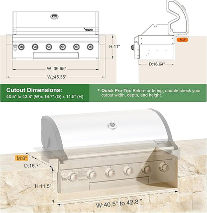 Brand-Man Propane Gas Grill, 40-Inch 6-Burner Built-In Head BBQ Island Outdoor Kitchen, Natural Gas Convertible, Heavy Duty 304 Stainless Steel, 60,000BTUs