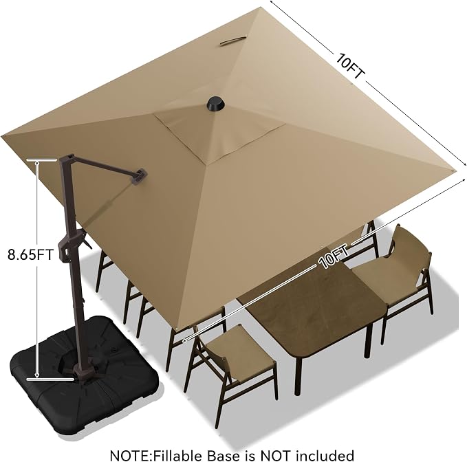 10x10FT Cantilever Outdoor Umbrella, 360° Rotating Large Offset Square Patio Umbrella, Ideal for Garden Backyard Deck Courtyard, Brown