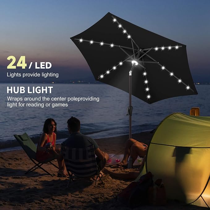 Solar Patio Umbrella with Centre Light, 7.5 ft Black | 24 LED Lights, UV Protection, Small Solar Outdoor Umbrella for Porch, Deck, Pool, Table, Garden, Provides Evening Lighting