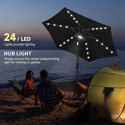 Solar Patio Umbrella with Centre Light, 7.5 ft Black | 24 LED Lights, UV Protection, Small Solar Outdoor Umbrella for Porch, Deck, Pool, Table, Garden, Provides Evening Lighting