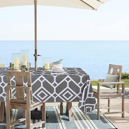 LUSHVIDA Moroccan Outdoor Tablecloth with Umbrella Hole and Zipper, 60 x 84 Inch Grey, Rectangle Waterproof Wrinkle Free Table Cloth Decorative Fabric Washable Table Cover for Patio, Party, Picnic