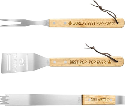 Haooryx Grandpa BBQ Grill Tool Accessory Set - 3Pcs Best Pop-Pop Ever Stainless Steel Grilling Tong Fork Spatula Grillmaster Grandpa Birthday Present Outdoor Housewarming Camping Holiday Party Supply