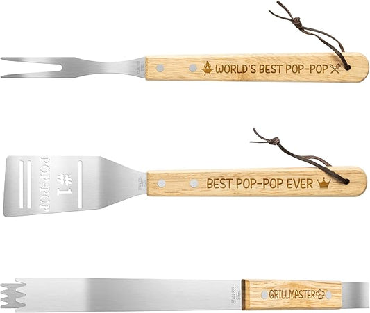 Haooryx Grandpa BBQ Grill Tool Accessory Set - 3Pcs Best Pop-Pop Ever Stainless Steel Grilling Tong Fork Spatula Grillmaster Grandpa Birthday Present Outdoor Housewarming Camping Holiday Party Supply