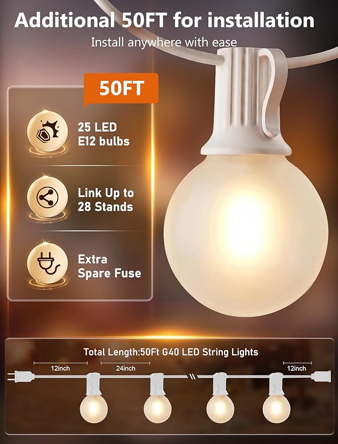 White Outdoor String Lights, 50FT G40 LED Patio String Lights with 25 Frosted Shatterproof Bulbs, Waterproof Bistro Lights for Outside Garden Backyard Wedding Party, 2700K Warm White