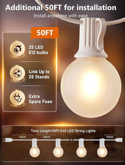 White Outdoor String Lights, 50FT G40 LED Patio String Lights with 25 Frosted Shatterproof Bulbs, Waterproof Bistro Lights for Outside Garden Backyard Wedding Party, 2700K Warm White