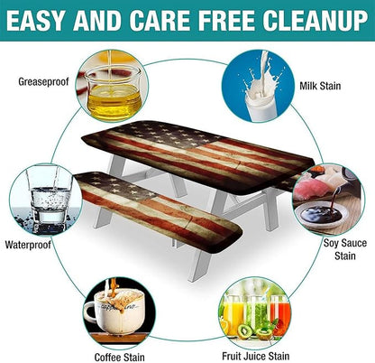 American Flag Fitted Picnic Table Tablecloth Cover, Stock Photo Old Wooden with Shabby Paint Print, 28x72 Inch Rectangle Table Cover Set for Outdoor, Park, Patio, Turq Use