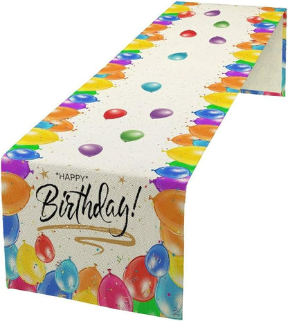 Happy Birthday Table Runner White Table Runner Balloon Confetti Pattern Celebrate Birthday Party Table for Outdoor Home Party 13x60 Inch