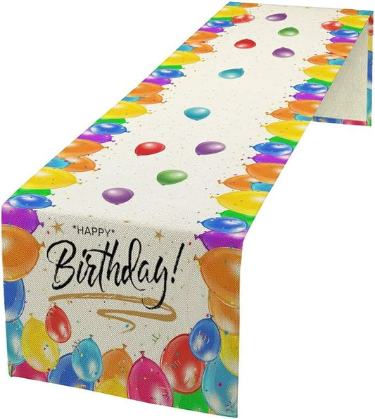 Happy Birthday Table Runner White Table Runner Balloon Confetti Pattern Celebrate Birthday Party Table for Outdoor Home Party 13x60 Inch