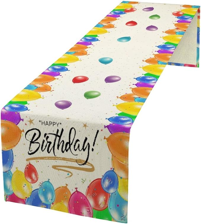 Happy Birthday Table Runner White Table Runner Balloon Confetti Pattern Celebrate Birthday Party Table for Outdoor Home Party 13x36 Inch