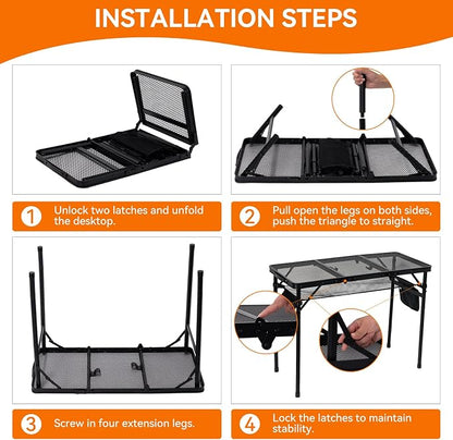 3Ft Foldable Grill Table for Camping, Portable Metal Mesh BBQTable with Dual Side Storage Bags, Lightweight Folding Outdoor Cooking Table for Picnic, RV Travel, Beach & Backyard BBQ