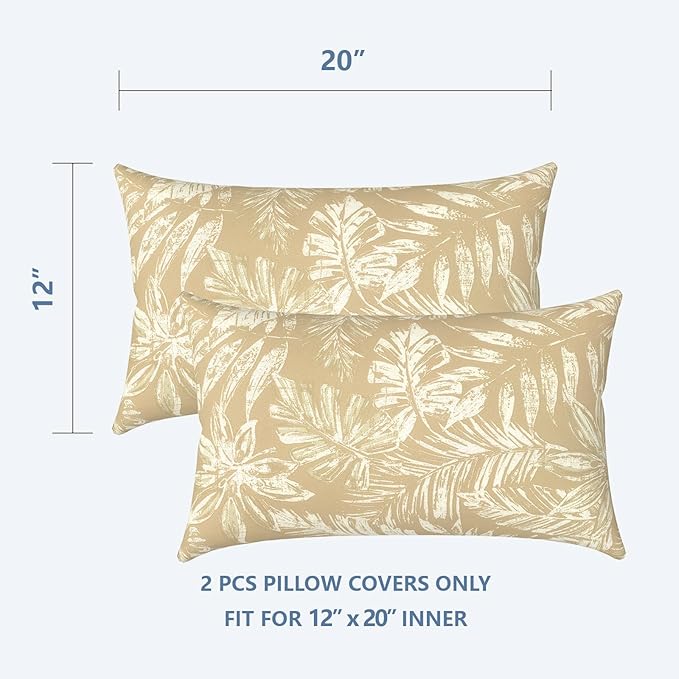 LVTXIII Outdoor Lumbar Pillow Covers Only Set of 2 Patio Decorative Pillow Cases, Water Repellent Lumbar Cushion Cases for Sofa, Patio Couch Garden Use, 12x20 Inch, Tropical Leaf Oat
