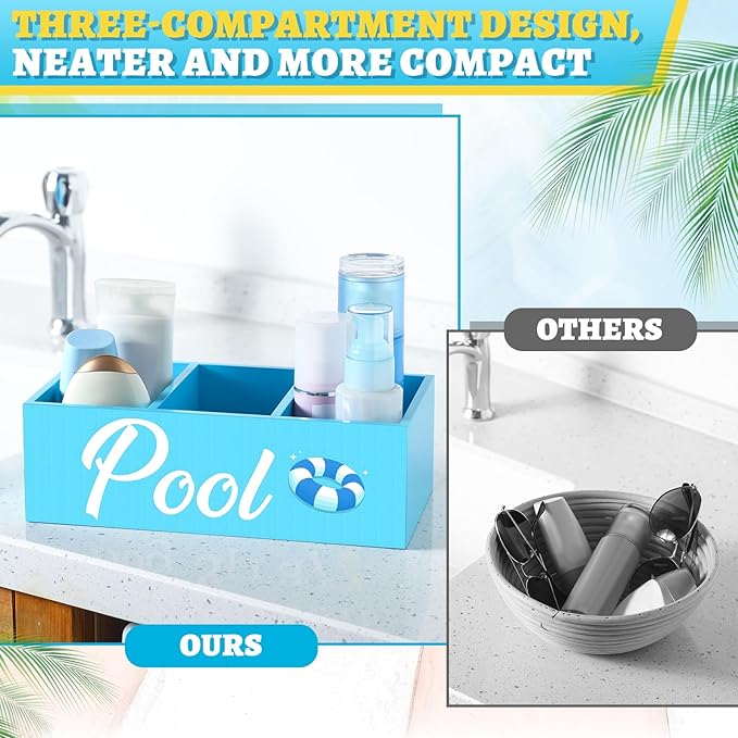 CroBlissful Pool Storage Basket Blue Summer Wooden Box with 3 Compartments Toilet Tank Tray for Indoor Outdoor Swimming Pool Decor Sunblock Sunglasses Beach Toy Storage Box