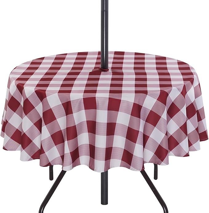 Poise3EHome Round Outdoor Tablecloth with Umbrella Hole and Zipper,Burgundy Checkered 70 Inch,SpillProof Washable Table Cloth for Spring Summer Patio Garden Poolside Picnic Camping BBQS