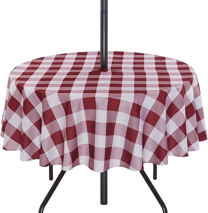 Poise3EHome Round Outdoor Tablecloth with Umbrella Hole and Zipper,Burgundy Checkered 70 Inch,SpillProof Washable Table Cloth for Spring Summer Patio Garden Poolside Picnic Camping BBQS