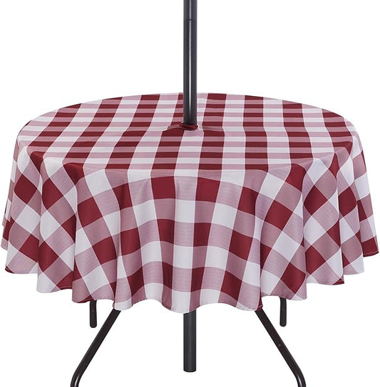 Poise3EHome Round Outdoor Tablecloth with Umbrella Hole and Zipper,Burgundy Checkered 60 Inch,SpillProof Washable Table Cloth for Spring Summer Patio Garden Poolside Picnic Camping BBQS