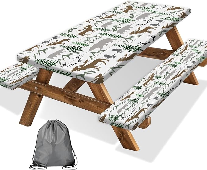 JAWO Picnic Table Cover with Bench Covers and Bag, Deer Moose Forest Wildlife Rv Essentials, Waterproof Windproof Fabric, Fitted Tablecloth Cover with Elastic Edge, 3 PCS, 30x60 Inch