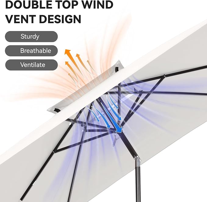 6.6 x 10 ft Rectangular Patio Umbrella, Outdoor Market Table Umbrella with Push Button Tilt and Crank, Double-Tier Vent, 6 Ribs, Rectangle Patio Umbrella for Backyard, Deck, Pool, Fits 4–6 Chairs and Tables (White)