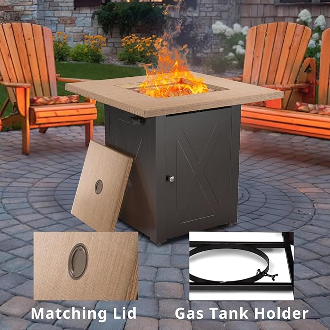 Hexago 28 Inch Propane Fire Pit Table, Gas Square Outdoor Fire Table Dinning with Lid, Lava Stone, 50000BTU, ETL Certification, for Outside Garden Backyard Deck Patio