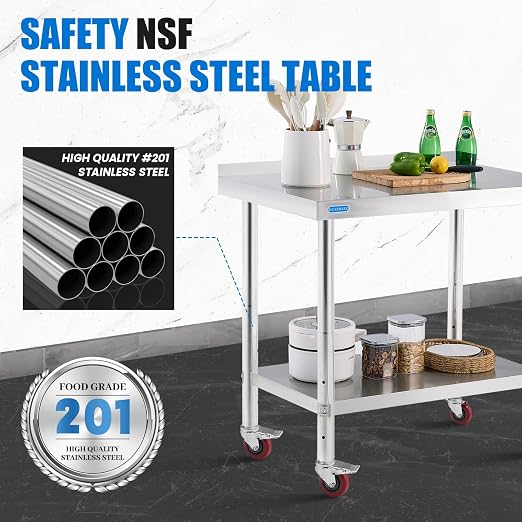 KUARBARR Stainless Steel Table for Prep & Work with 4 Caster Wheels with Backsplash 24 x 36 NSF Metal Commercial Kitchen Adjustable Under Shelf Worktable for Restaurant Home Outdoor
