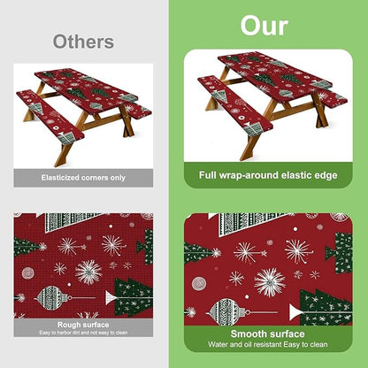 Christmas Picnic Table Cover with Bench Covers Set, Elastic Fitted Tablecloth for Outdoor Wooden Tables, Red Holiday Pattern with Christmas Trees and Snowflakes, Durable and Easy to Clean