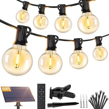 Brightever Solar String Lights Outdoor with Remote, 60FT 25+1 LED G40 Bulbs Shatterproof Patio Lights, IP65 Waterproof Dimmable Hanging Solar Power Globe LED Outdoor Lights for House, Market, Bistro