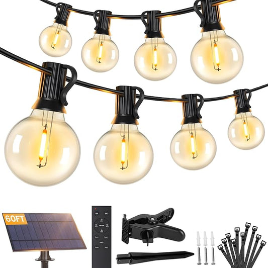 Brightever Solar String Lights Outdoor with Remote, 60FT 25+1 LED G40 Bulbs Shatterproof Patio Lights, IP65 Waterproof Dimmable Hanging Solar Power Globe LED Outdoor Lights for House, Market, Bistro