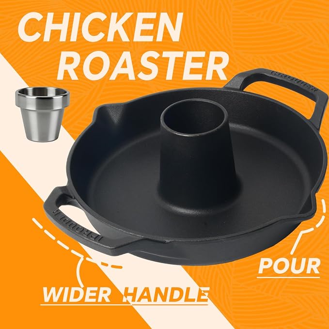 Cast Iron Chicken Roaster, Pre-Seasoned Vertical Poultry Roaster with Drip Pan, Beer Can Chicken Holder for Grill, Oven & Smoker