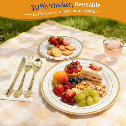 AIRE 350PCS Gold Plastic Plates for Party Supplies Dinnerware Sets for 50 Guests, Disposable Plastic Party Plates, Cups, Spoons, Forks, Knives, Napkins for Wedding Birthday Thanksgiving BBQ Parties