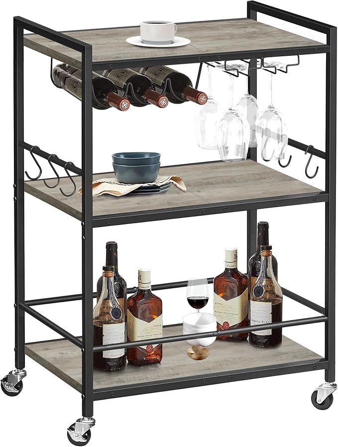 TUTOTAK Bar Cart with Wheels, Drink Cart with Wine Rack and Glass Holder | 3-Tier 23.7 Inch Wide Home Bar Serving Carts, Small Mobile Kitchen Shelf with 6 Hooks, Greige BC01BG030